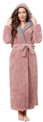 PUTUO Womens Hooded Dressing Gown: Long Bathrobe Ladies Fleece Winter Warm Cosy Robes Fluffy Soft Housecoat Loungewear Plush Luxury Nightwear Housecoats L