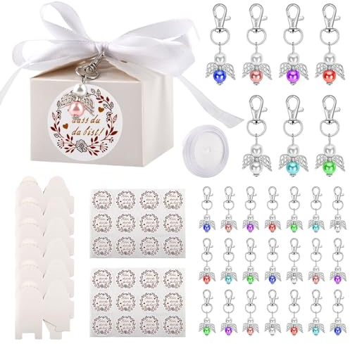 LIGHIGH Schutzengel Anhänger Geschenkbox, 21 stück Gastgeschenke Hochzeit Taufe Süßigkeiten Boxen Set mit Aufkleber & Farbband für Tischdeko, Schutzengel Schlüsselanhänger für Weihnachten Geschenke
