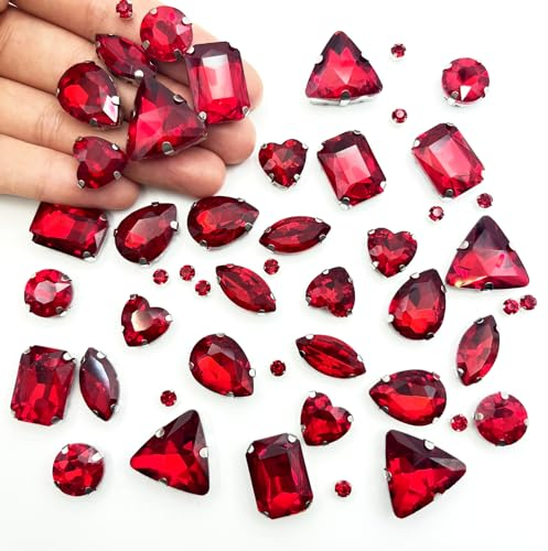 Yixinly 236 Stück Strasssteine zum Aufnähen, 7 Formen von Strasssteinen Metall Krappenfassung Glas Nähen Edelsteinefür DIY-Bastelkleidung, Kleidungs, Schuhe, Taschen (Rot)