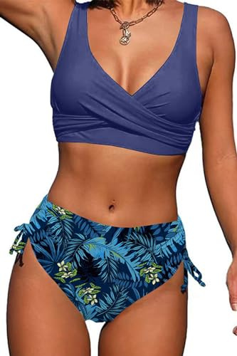 CheChury Bikini Sets for Women UK High Waisted Swimsuits V Neck Padded Crop Top Two Pieces Cross Wrap Bathing Suits,Leaves-Navy,L