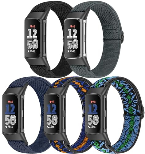 Bcuckood 5 Pack Elastic Nylon Watch Bands Compatible for Fitbit Charge 6/Fitbit Charge 5, Adjustable Breathable Replacement Stretchy Nylon Loop Wristband Sport Strap for Women Men
