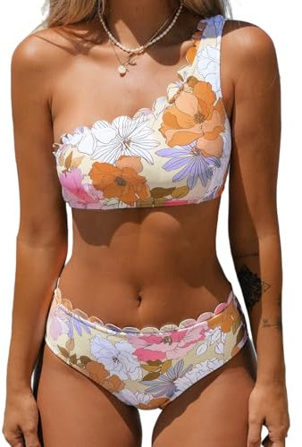 CUPSHE Bikini da donna, due pezzi, monospalla, vita media, smerlato, cinturino largo con gancio posteriore, Bianco/Rosa Floreale, L