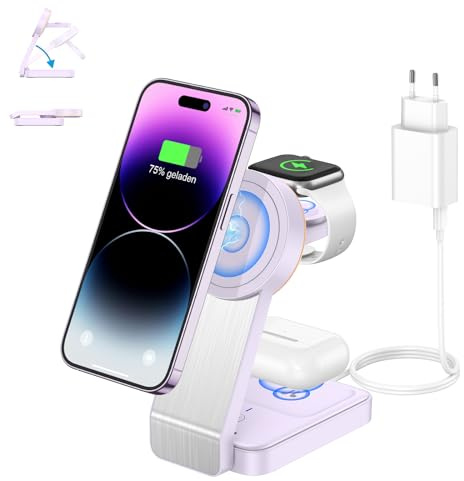 Induktive Ladestation, 3 in 1 Faltbar Mag-Safe Ladegerät,20-W-Netzteil | für iPhone 17 16 15 14 13 12 Pro Max/Air/Plus/Pro, für Apple Watch 11 10 9 8 7 6 5 4 3 2, für AirPods 4 3 2 Pro