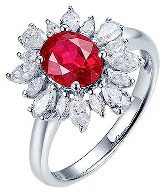 Trauringe Weißgold 750, Verlobungsring Damen Breit Blume 4 Prong Labor Geschaffener Rubin 1.2ct Ovale Form Rot Größe 54 (17.2)
