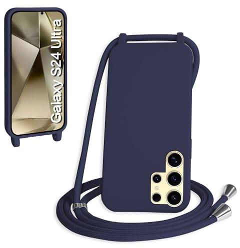 WenBaby Coque avec Cordon pour Samsung Galaxy S24 Ultra,Collier pour Étui bandoulière Colliers de cellulaire Mince Antichoc Réglable Lanyard Silicone Case,Bleu Marin