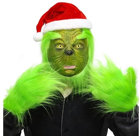 Fehodun 3 Teiliges Grinch Maske Weihnachten Grün Maske Grinch Grün Gesichtsmaske mit Weihnachtsmütze und Handschuhen Halloween Gruselige Latex Vollkopfmaske Kostüm