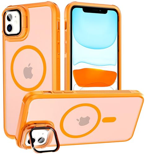 YmhxcY for iPhone 11 Case,with Lens Stand, Compatible with MagSafe, Soft border,Matte semi transparent hard back, Military-Grade Protective Phone Case,for iPhone 11 case 6.1''-Orange