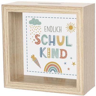 Seaside No.64 - Bedruckte Spardose Endlich Schulkind - in Zwei Farben erhältlich - Geschenkidee zur Einschulung - Bilderrahmen zum Befüllen - Geldsparen Kinderzimmer Dekoration Schulanfang (Natur)
