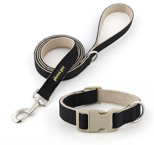 Plutus Pet Cotton Hemp Dog Collar and Leash Set, Adjustable Collar for Small, Medium, and Large Dogs, Heavy Duty and Soft on Skin, Black, M