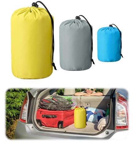 Fascetta 3Pcs Stuff Sack Waterproof Outdoor Small Items Storage Stuff Bag Portable Hanging Drawstring String Nylon Sacks for Boating Hiking Camping Travel Beach Sandbags Sky Blue Gray Yellow