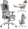 LarkLeaves Ergonomischer Bürostuhl mit Fußstütze & Nackenkissen, 5-Fach Höhenverstellbare Rückenlehne, 2D Lordosenstütze, 3D Armlehnen/Kopfstütze, 145° Neigefunktion, Mesh-Sitz, Gummirollen, Grau
