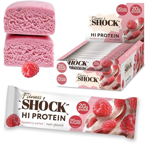 FitnesSHOCK High Proteinriegel Set mit hohem 20g Proteingehalt Eiweißriegel ohne Zuckerzusatz kalorienarm low carb ballaststoffreich Himbeere-Parfait Geschmack 12Stk 60g