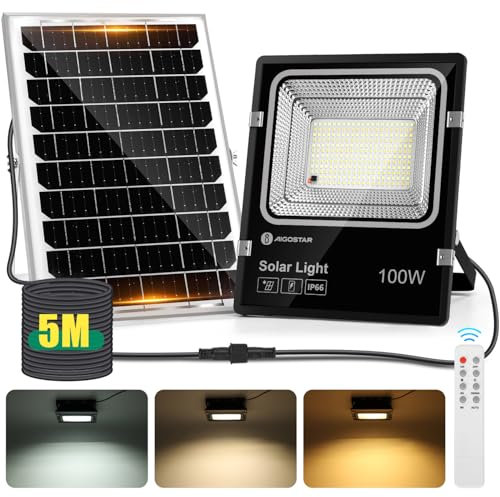 Aigostar - Projecteur Solaire LED d’extérieur avec Grand Panneau Solaire,5M Câble,8000mAH,Batterie de Grande Capacité,Dimmable 3000/4000/6500K,IP66,Lampe Solaire avec Télécommande,pour Jardin,Patio.