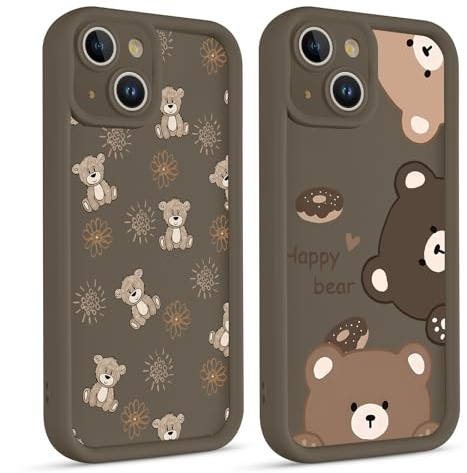 Phoona 2 Stück Handyhülle für iPhone 14 Hülle 6.1, Aesthetic Muster Design Weiche TPU Silikon Schutzhülle Kratzfeste Stoßfest Kameraschutz Bumper Case für Mädchen, Khaki niedlicher Bär