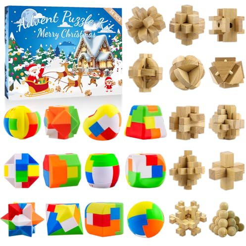 Adventskalender 2025 mit 24 Kunststoffpuzzles & 3D Holzpuzzles - Knobelspiele für Erwachsene, Jugendliche, Jungen & Mädchen - Advent Pluzze Geschenk