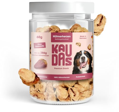 KAUDAS HühnerherzenPur Natursnack – 3 x 60 g gefriergetrocknetes Hühnerherzen Leckerli Hund mit hohem Proteingehalt, 100% natürlicher Hundesnack je 286g Rohgewicht – ohne Zucker & Zusatzstoffe