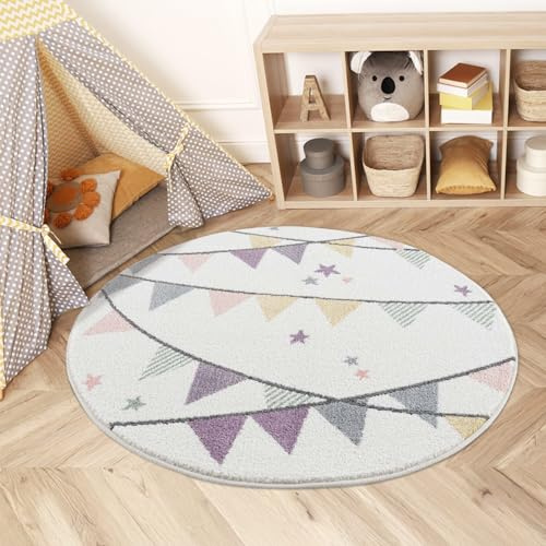 carpet city Teppich Kinderzimmer 160 cm Rund - Kinderteppich Creme, Lila - Wimpel, Sterne - Spielteppich Kinder - Babyzimmer Deko
