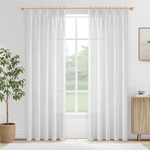 MRTREES Vorhänge mit Kräuselband Weiss Leinenoptik Halbtransparent für Schlafzimmer 2er Set, Weiße Gardinen Leinen 235 cm Lang 140 cm Breit, Vorhang Wohnzimmer Fenster Curtains Living Room
