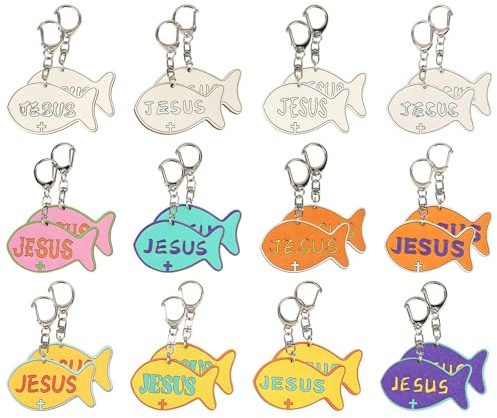 Tinoaly 24 Stück DIY Jesus-Fisch-Schlüsselanhänger, Holz Christlich Glaubens-Schlüsselanhänger für Kinder Basteln bunt Schlüsselringe für Sonntagsschulaktivitäten Bibelschulbedarf Religiöse Geschenke