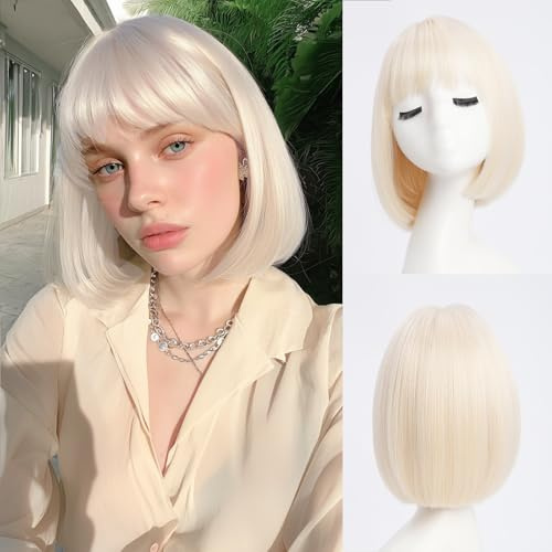YaissmyLu Kurz Platn Blond Bob Perücke mit Pony 25cm Hell Blond Gerade Perücke für Frauen 613 Blonde Synthetisch Haar Bunte Perücke für Cosplay Täglichen Party Gebrauch