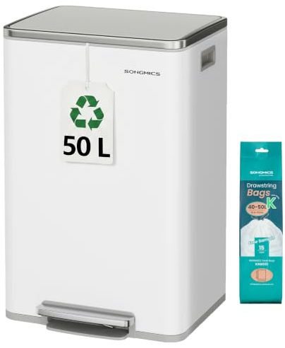 SONGMICS Mülleimer 50 L, Stahl, mit Deckel, Softclose, 15 Müllsäcke | Herausnehmbarer Inneneimer aus Kunststoff, Griffe, mattweiß, PARY Kollektion LTB595WC01