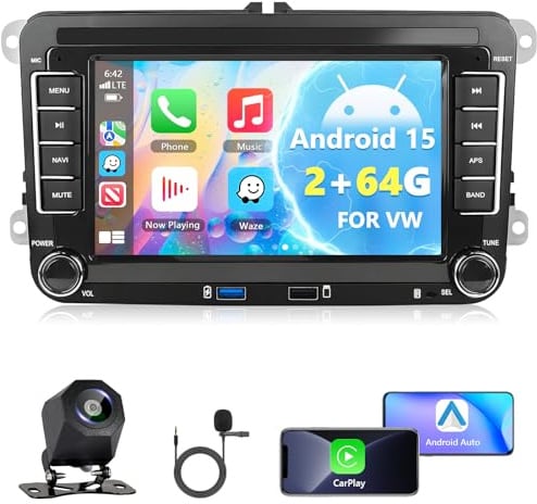 Motorsi 2+64G Carplay Radio de Coche para VW Golf 5 Tiguan Touran Passat Polo Skoda Caddy Seat con Inalámbrico Android Auto Pantalla Táctil Navi/WiFi/Canbus/BT/EQ/FM/RDS/SWC+Mic+Cámara AHD