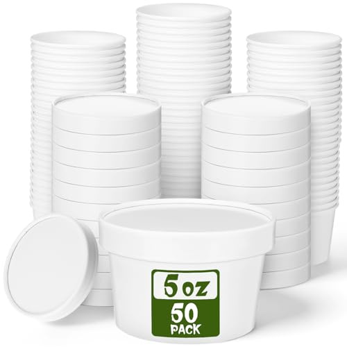 Fulmoon 50 Pack 5 oz Paper Soup Containers with Lids, Disposable Kraft Paper Soup Cups Ice Cream Bowls Food Storage with Lids, Microwavable and Freezer Safe(White)