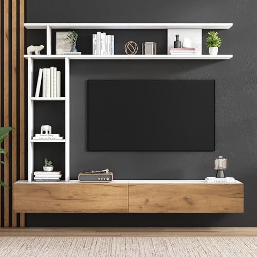 DUlVBPE 180 * 35 * 22.5cm TV Wohnwand-Set mit Vitrinen,Mediawand inkl.TV-Board, Standregal und Wandregal,TV Wohnzimmermöbel-Set,TV-Schrank, stehend&hängend,TV bis 80',Weiß + Holzfarbe