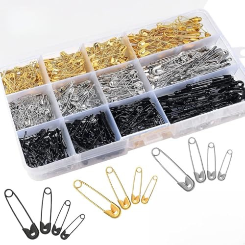 540 Stück Sicherheitsnadeln, Metall Safety Pins Klein Groß mit 4 Größen 19mm 22mm 28mm 37mm, Sicherheitsnadeln Set mit Box für Kleidung, Nähen, Kunsthandwerk, Schmuckherstellung, Gold Silber Schwarz