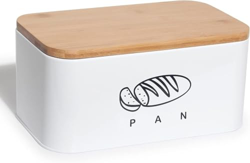 Panera de metal con bambú ecológico | Cubierta convertible en tabla de cortar | Ideal para almacenar pan y mantenerlo fresco por más tiempo | Diseño retro para cocina (Blanco-tapa de Bambú)