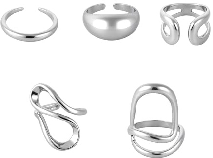 Mikovivi 5stk Set Klobiger Silberringe für Damen, Verstellbare Auffällige Legierung Stapelbare Statement-Ringe Trendige Breite Unregelmäßige Fingerringe für Modischen und Ästhetischen Schmuck