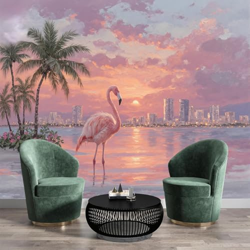 GSAEIMCT Wallpaper Pink Orange Flamingo Palm Tree 3D Sunset City for Living Spaces & Feature Walls,Kitchen Bedroom Hallway Dining Room 400X280Cm