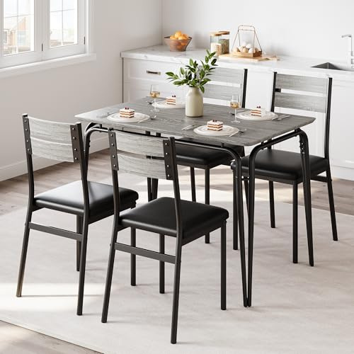 Niwugady 5-teilige Essgruppe, Tischgruppe für 4 Personen mit 1 Esstisch & 4 Gepolsterten Stühlen, Küchentisch mit Metallgestell Esszimmergruppe Esstisch und Stühle Set, Grau-schwarz