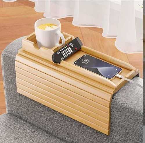 Natürlicher Bambus Sofa Armlehnentablett mit Abnehmbarer Getränkehalter Handy-Fach Ablagetisch Antirutsch Tisch Faltbar Couch Tablett Armlehne Sofalehne Sofa Ablage für Snacks Telefon Fernbedienung