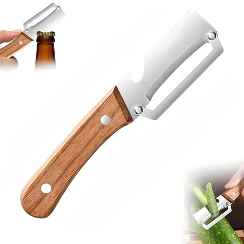 Zero Snag Holzschäler, 2-in-1 Multifunktionsschäler aus Edelstahl, Küchenschäler für Kartoffeln, Obst & Kürbis mit Flaschenöffner, Sparschäler mit Holzgriff, Universal-Sparschäler (1 pc)