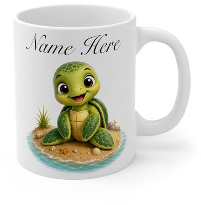 Personalised Baby Turtle Mug with Name, Cute Custom Baby Turtle Mug Gift for Her, Girlfriend, Daughter, Birthday or Christmas Gift, Animal Lover Cup (White 11oz, Mug)