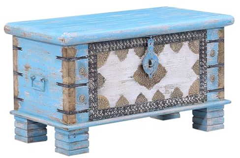 Boho-Vintage Truhe Ezgi Unikat handgefertigt aus Massivholz Blau 80 cm