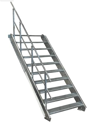 10 Stufen Stahltreppe mit einseitigem Geländer/Breite 60cm Geschosshöhe 150-200cm / Robuste Außentreppe/Wangentreppe/Stabile Industrietreppe für den Außenbereich/Inklusive Zubehör