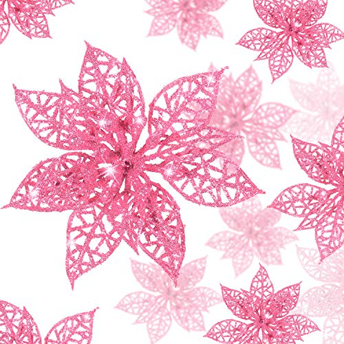 Boao 24 Piezas Navidad Poinsettia Glitter Ornamento de árbol de Navidad Flores de Navidad Adorno de decoración (Rosa)