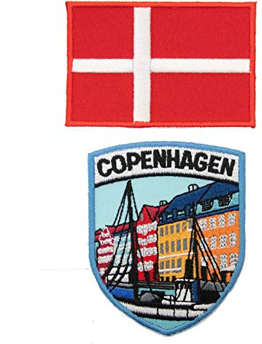 A-ONE 2 Stück Packung Copenhagen Emblem Patch + Dänemark bestickte Flicken Sehenswürdigkeiten zum Aufbügeln auf Nadel Patch Europäische Nationalflagge Patch No.123C
