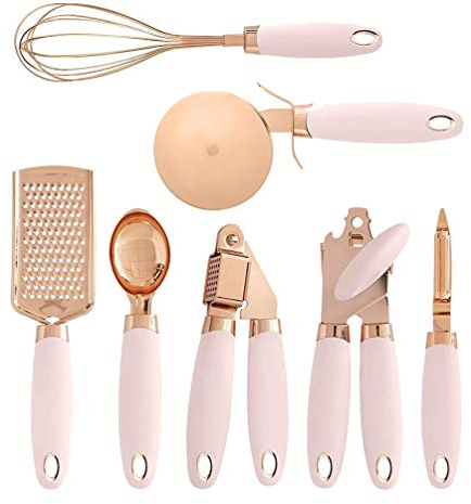 ZKOOO Kitchen Utensil Set 7pcs Stainless Steel Cooking Utensils Set Heat Resistant Non Stick Kitchen Gadget Cookware Set for Cooking and Baking, BPA Free, Pink