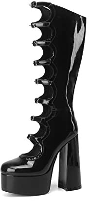 Frankie Hsu Gothic Lolita - Stivali da donna con tacco alto, con plateau, con fibbia e plateau, in pelle verniciata nera, nero, 38 EU