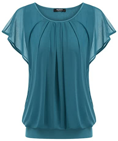 Zeagoo Shirt Damen Kurzarm Batwing Sommer Chiffon Bluse Elegant Tunika flatternd Hemd Loose Fit Türkisblau M