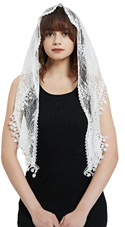 BLESSI Damen katholische Kirche Schleier Kopfbedeckung Mantilla Kapelle Schleier Spitze Dreieck Spitze Mantilla Blumenschleier, weiße blumen