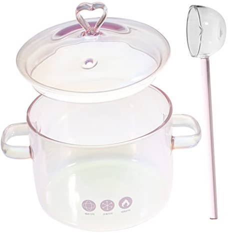 minkissy 1set High Borosilicate Glass Heart Pink Double Handle Cooking Pot Stew Pot for Noodles Soups and More Includes Glass Spoon Heat Resistant Cookware for Home Use