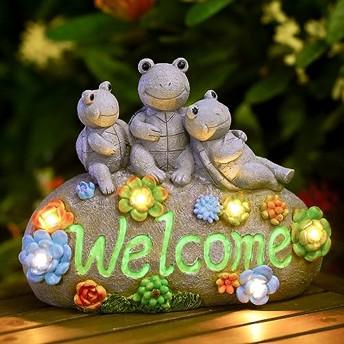 Yeomoo Schildkröte Deko auf Willkommen Zuhause Stein mit Solarlampen Gartendeko für Draußen: Schildkröt Gartenfiguren mit Solar Lichterkette Deko Garten Zimmer Geschenke für Frauen Mama Balkon