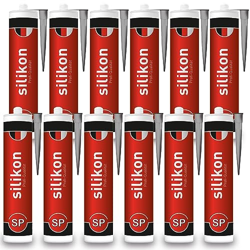 Sanitär-Silikon 310 ml Kartusche grau, Fugendichtmasse für Bad, Dusche, Küche, wasserfest mit Schutzeffekt, Schimmelresistent, UV- und witterungsbeständig (12)