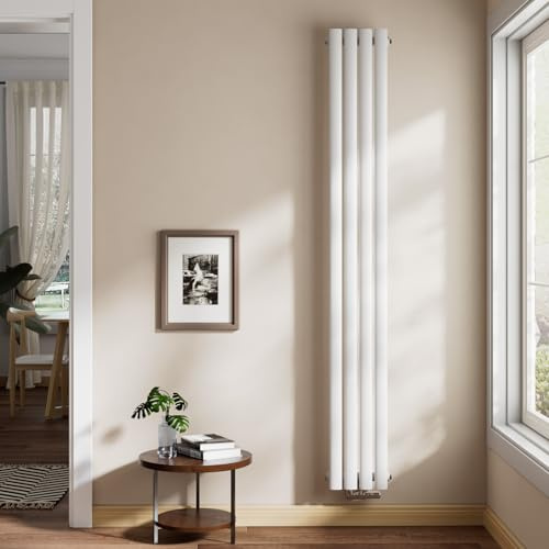 EMKE Ovaler Design Heizkörper 1800x240mm, Schmal Hoch Röhrenheizkörper mit Mittelanschluss Einlagig Heizung Weiß 447W