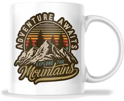Taza vintage Adventure Awaits - Taza gráfica genial para excursionistas, campistas aventureros, taza de 11 onzas, gran regalo para vacaciones, cumpleaños, Navidad, taza de sublimación de tinte de