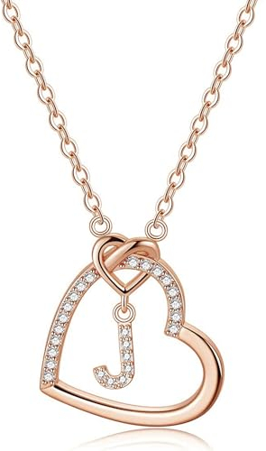 LIHELEI Damen Halskette Herz Buchstabe S925 Roségold Kette Damen Personalisiere Kette, Geburtstags und Weihnachten Geschenk Für Frauen Mädchen Mama Freundin - J(Roségold)